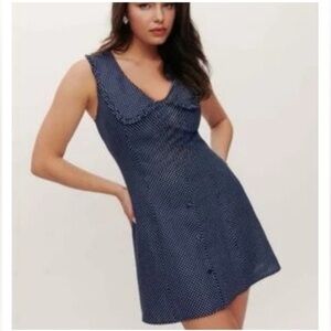 NWT Caroline Constas Polka Dot Mini Dress Linen Blend Navy Size 6